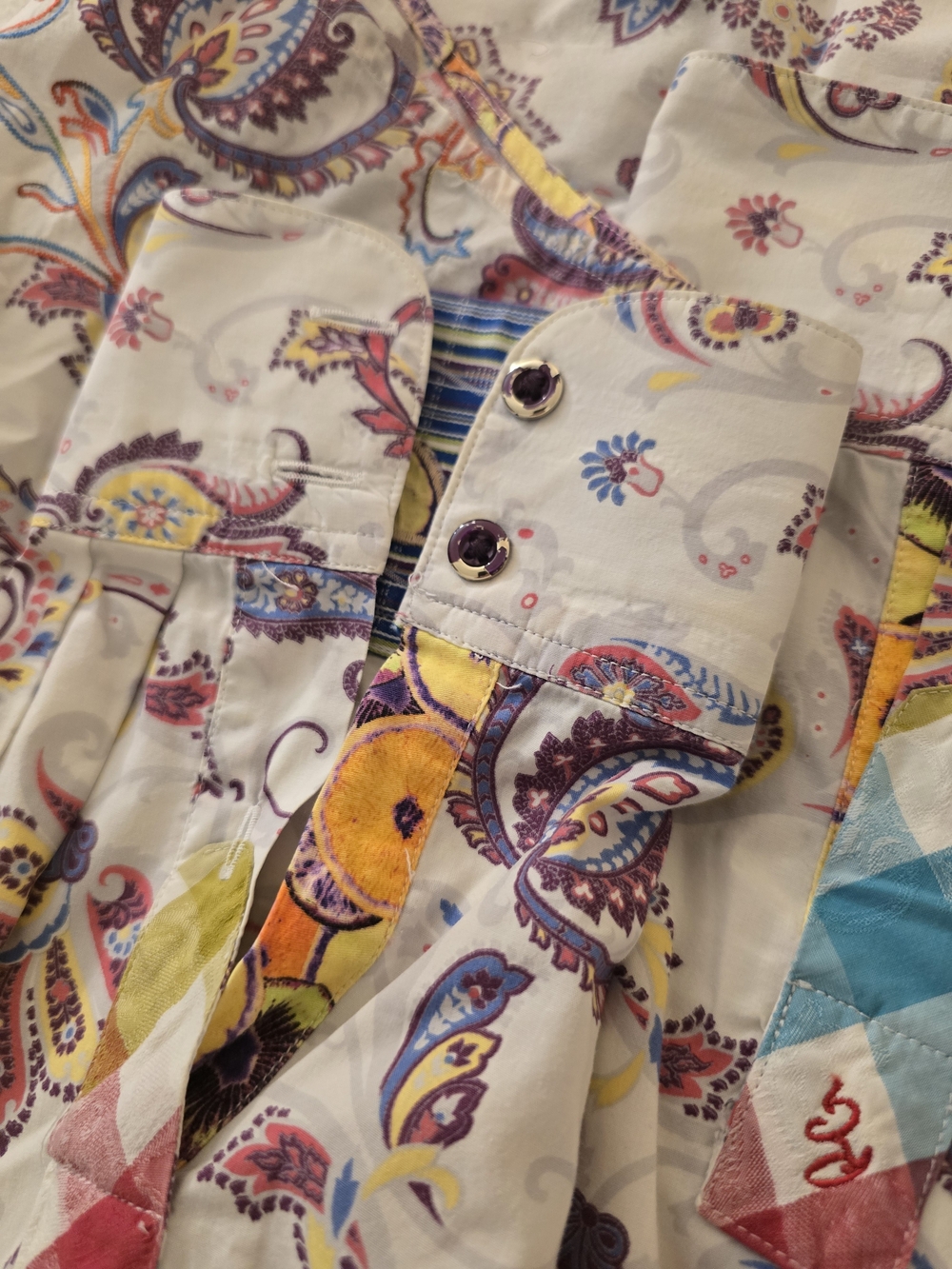 Robert Graham White Button-Down Shirt with Blue, Purple, Pink, Yellow Paisley - Picture 3 of 3